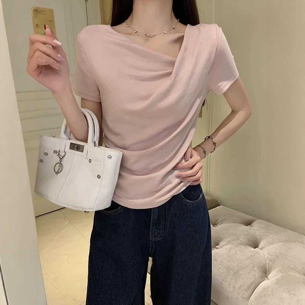Summer Irregular Pure Desire Design Sentimental Neck Front Shoulder Skinny Short Sleeve T-Shirt Women