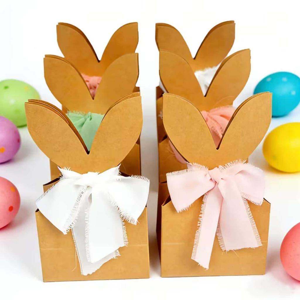 12Pcs Bunnies Birthday Treat Bags with Bow Ribbon Bunny Party Favor Bags for Easter Birthday Wedding Parties Supplies Craft