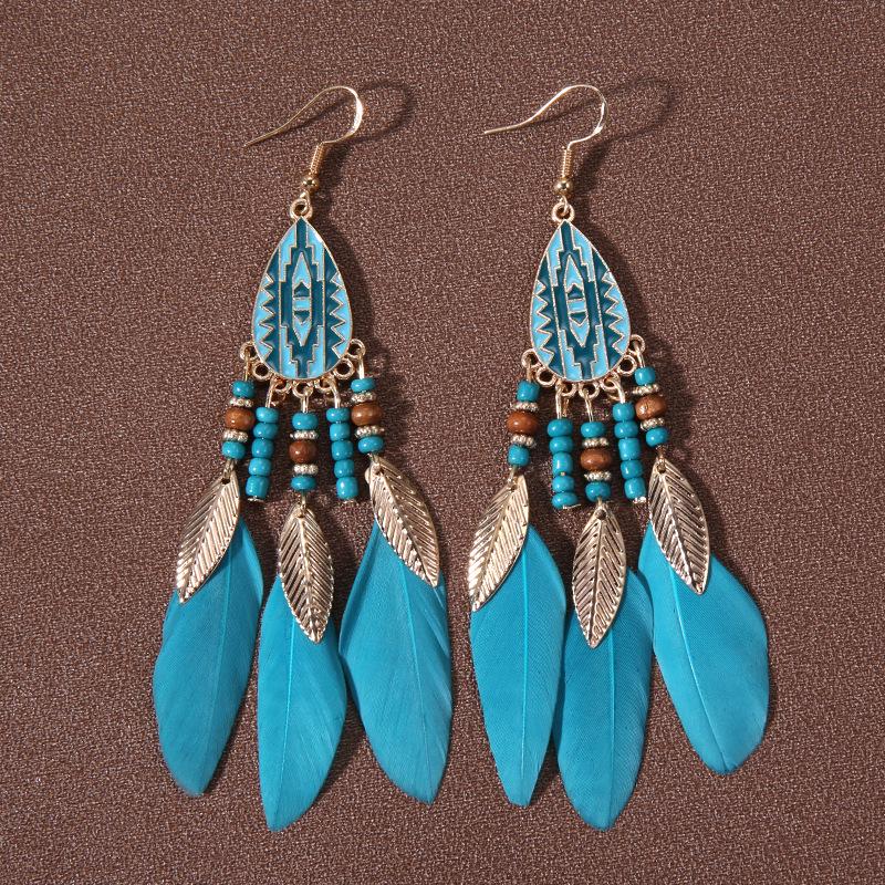 Bohemian Water Drop Tassel Earrings: Long Feather Design with Rice Beads, Ethnic Style for Women - Perfect Travel and Holiday Accessory