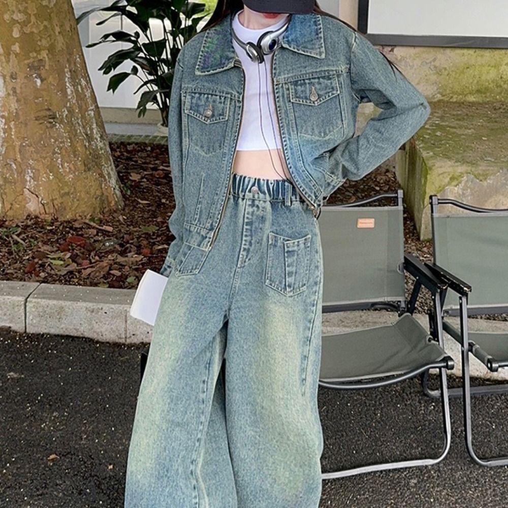 Y2K Jeans Jacket Suit Wide Leg Pants Girls Clothes Set Outfits Children Cowboy Set  Students