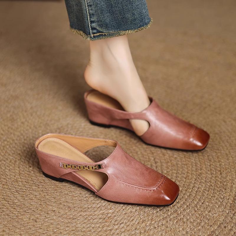Französische High-End-Hohlbeutel-Kopf-Halbpantoffeln Damen Sommer Oberbekleidung Innen erhöhend Quadratischer Kopf Muleschuhe Vielseitige Keilabsatzsandalen