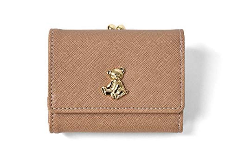 

Faux leather mini wallet with bear design, plate, clasp closure, tri-fold (BROWN)