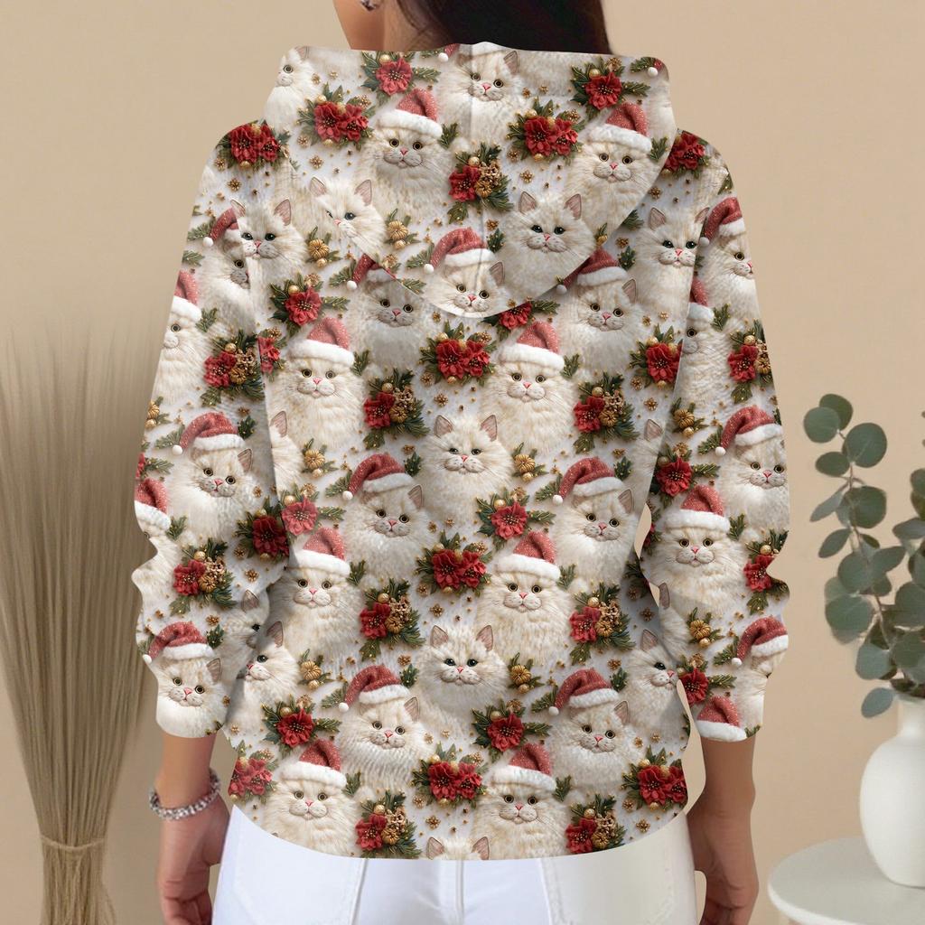 Women's Fashion Casual Sweater Button-Up Print Cardigan  Hooded Jacket