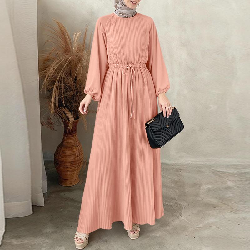 ZANZEA Abito casual da donna con scollo rotondo e maniche lunghe, ampio e plissettato