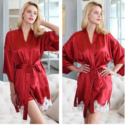 3-teiliges Pyjama-Set aus Satin mit Bademantel, langärmligem Spitzenbesatz, Camisole-Oberteil und Shorts, Pyjama-Set für Damen aus reiner Seide