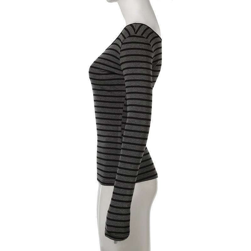 Women's Striped One-shoulder Long-sleeved Top Slouchy Wind Niche Hundreds of Light Cover-up Meat Thin T-shirt