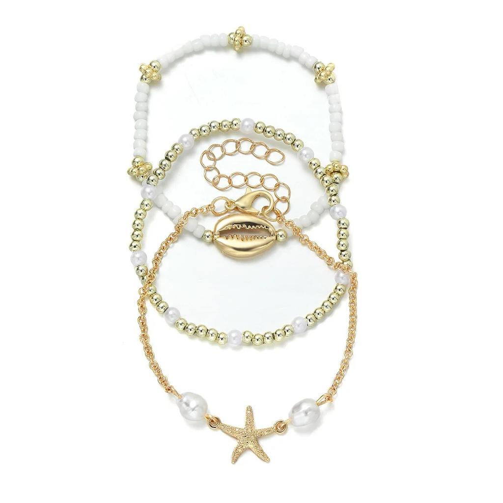 3 Pcs/Set Summer Bohemia Shell Bracelet Set for Women Gold Silver Color Starfish Charm Pearl Chain Bangle Beach Vacation Jewelry