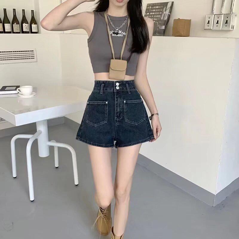 Women s High Waist Slimming A-line Denim Shorts - Summer Style Wide Leg Hot Pants Small синий
