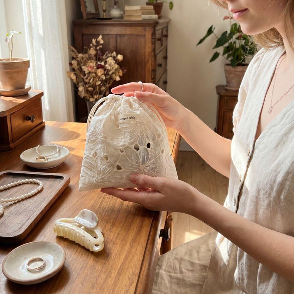 Portable Lace Drawstring Storage Bag Retro Small Makeup Bag Makeups Accessories