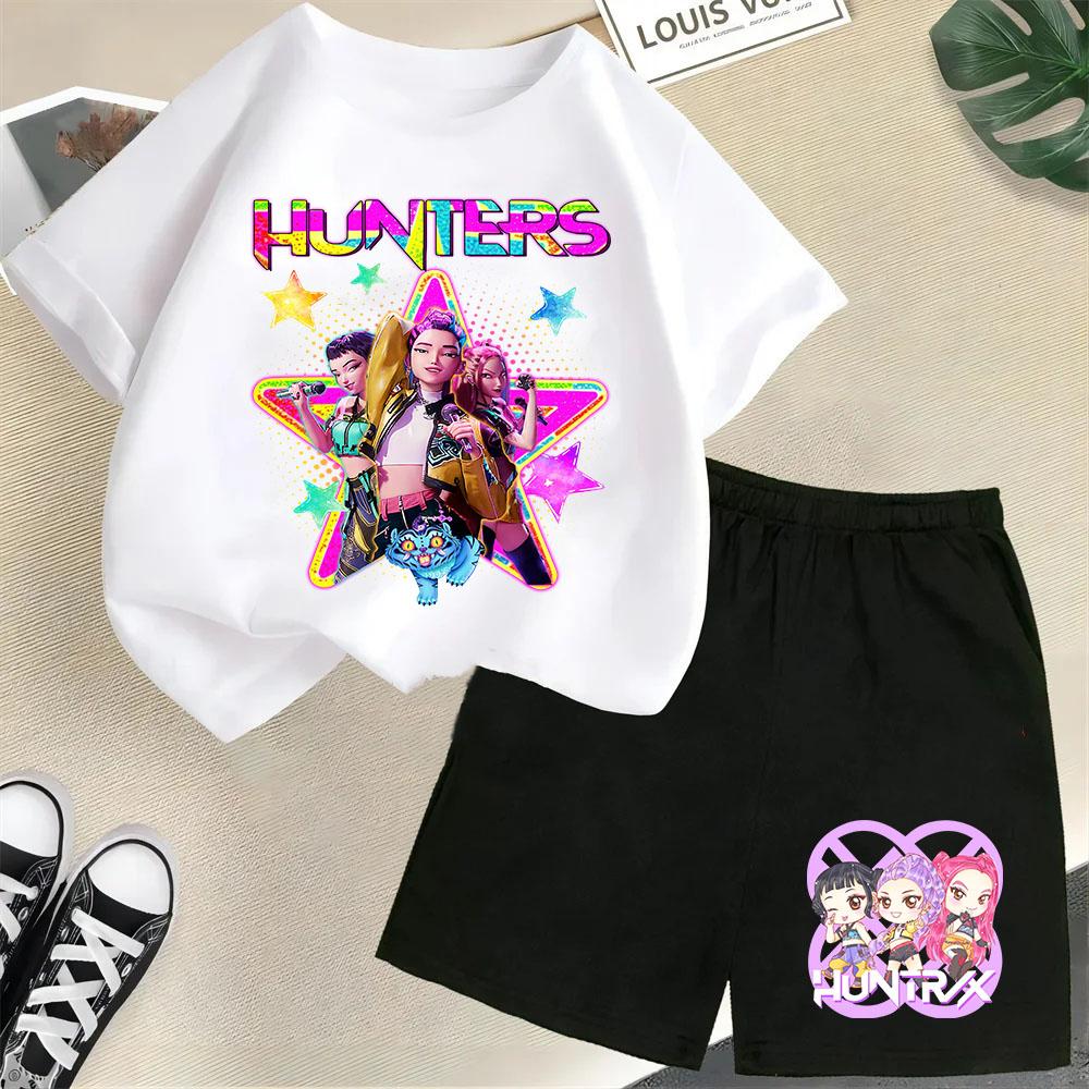 2025 New Children's Korean Wave Demon Hunter Print Fashion Casual Movie Cartoon Boys and Girls Short-sleeved Set