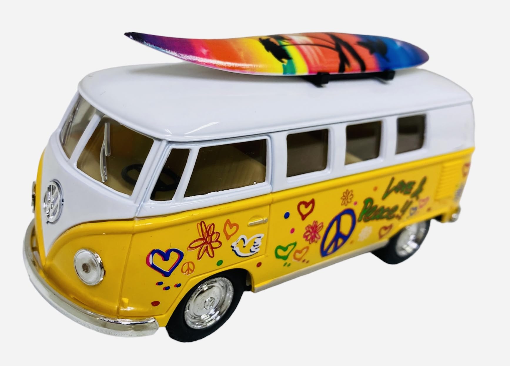 

Kinsmart 1/32 Scale Diecast Car (Kinsmart) 1962 Volkswagen Bus Love & Peace with Surfboard, Yellow