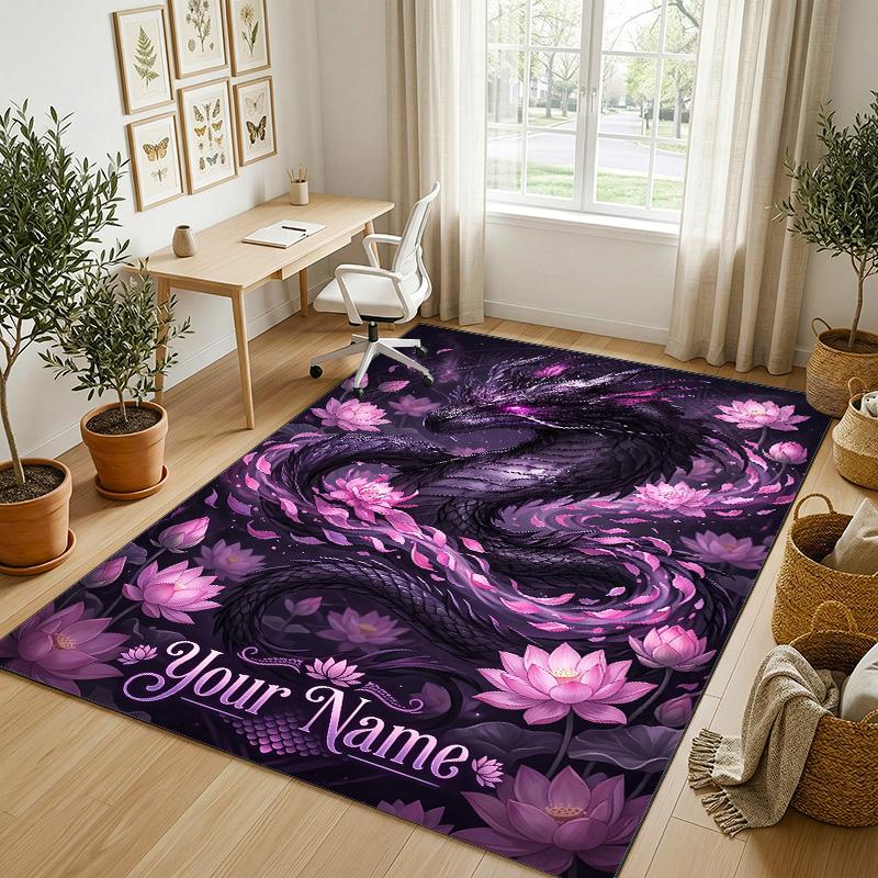 Dragon Phoenix Theme Crystal Velvet Rug Personalized Custom Name Text Soft Floor Mat Home Decor