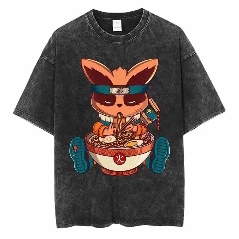 Baumwolle Herren Vintage Japan Anime Print Oversize T-Shirt Streetwear Harajuku Sommer Schwarz Kurzarmhemd Locker Baumwolle Oberteile T-Shirts