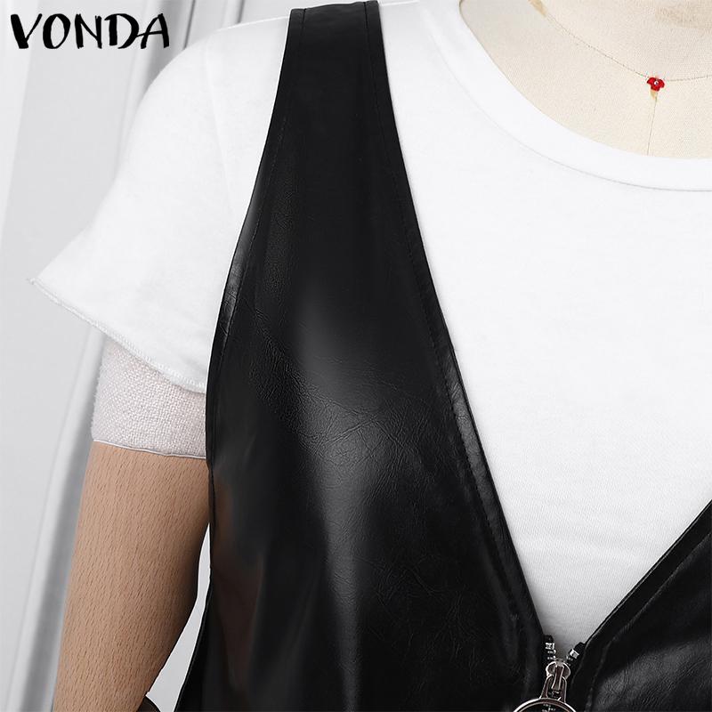VONDA Damenmode PU-Leder einfarbig Reißverschluss Hosenträgerröcke