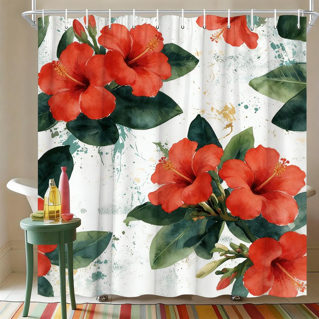 Watercolor White Gardenia Flowers With Green Leaves Waterproof Shower Curtain For Bathroom Decor