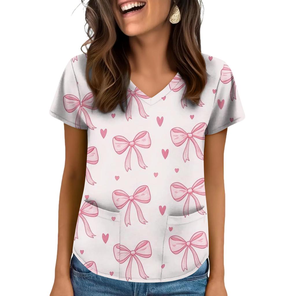 Women's V-neck Valentine's Day Printed Short-sleeved Top With Pockets And Side Slits, Suitable For Caregivers.