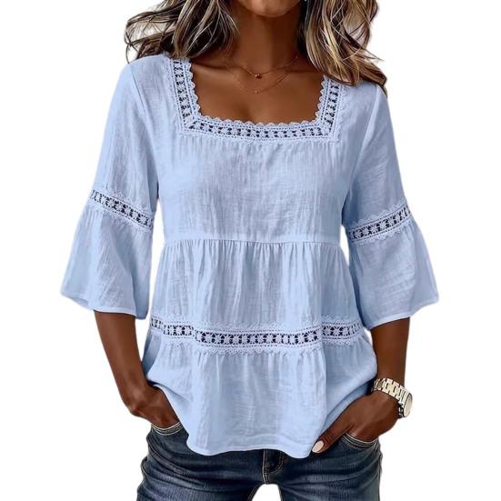 

Women Tops Square Collar 3/4 Sleeves Solid Color Loose Fit Soft Stretchy Blouse Lace Splicing Design Casual Tops Daily Wear M светло-синий