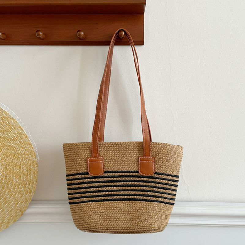 

Французская сумка через плечо Плетеная сумка из соломы Пляжная сумка для отпуска Большой вместимости Тоут Минималистичные полоски Пляжная сумка для поездок Small bag-khakis black Stripes