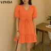 VONDA Women Summer V Neck Short Sleeve Solid Color Twisted Casual Pleated Dress