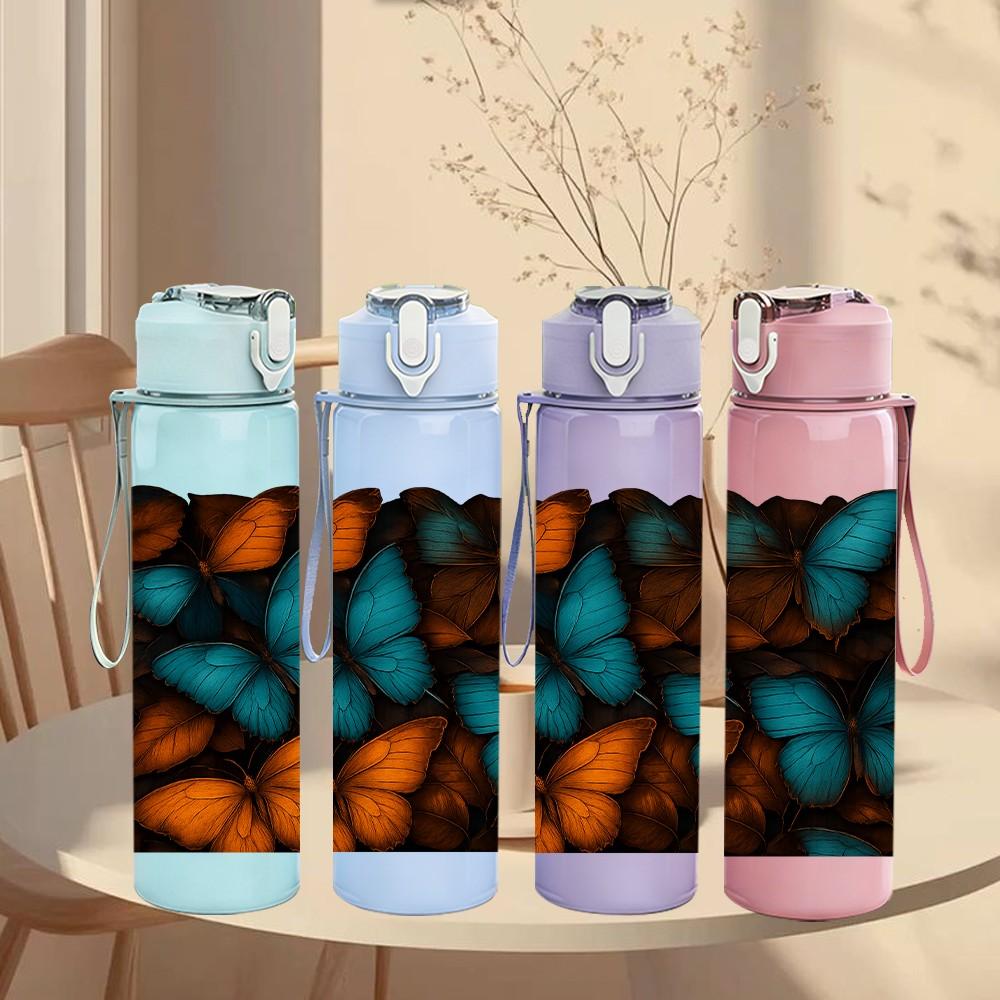 1PC Orange Teal Butterfly Mosaic Art Print 750ml Color Plastic Sports Water Bottle Leakproof Flip Straw Lid Suitable for Sports Office Home Use