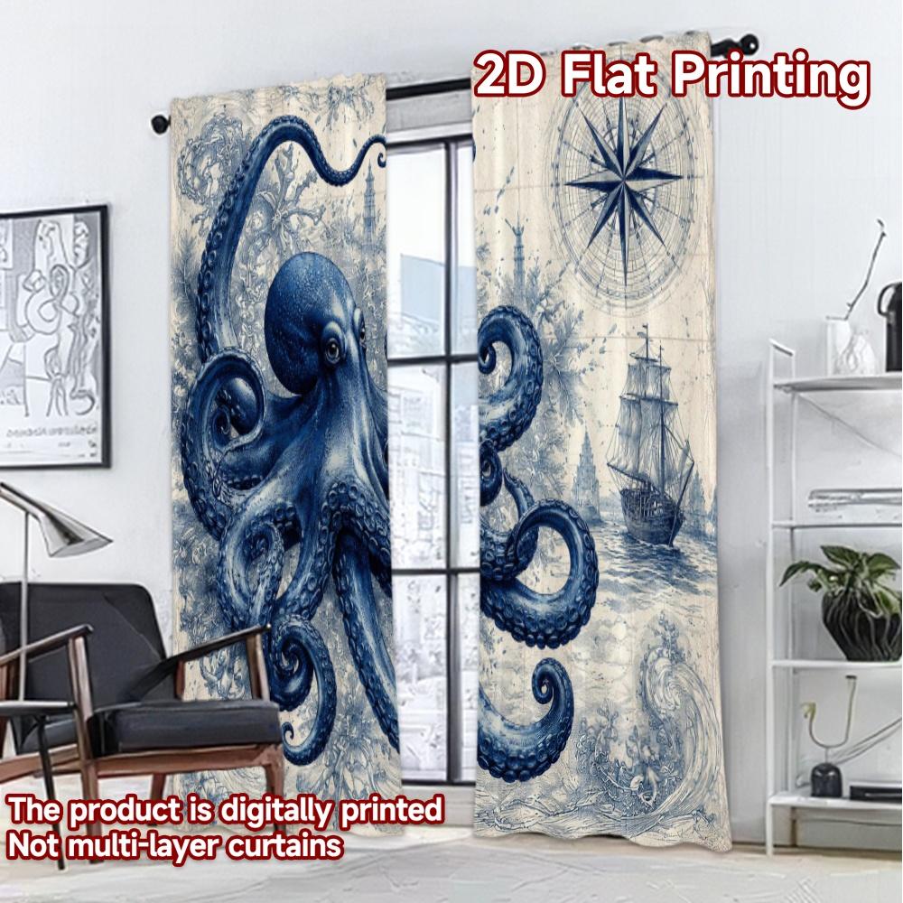 2D FLAT PRINTING 2pcs Curtains (Without Rod) Nautical Adventure Drawing Print Chic Curtains Machine Washable Fabric Curtains Art