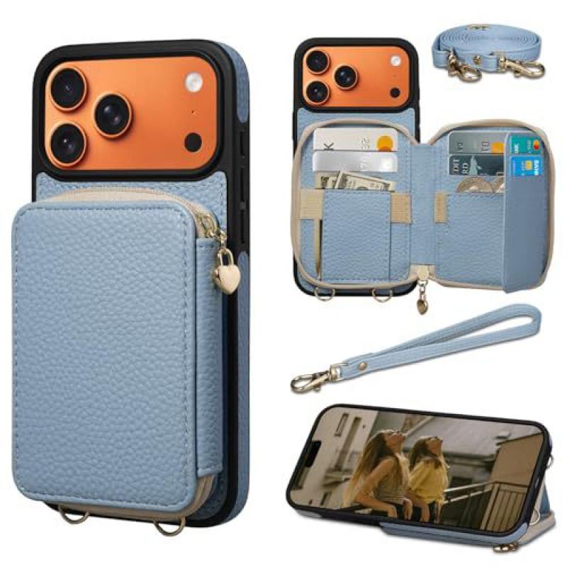 Leather Phone Case With Zipper Wallet Crossbody Strap IPhone 17 Pro Women Shockproof Protective Cover