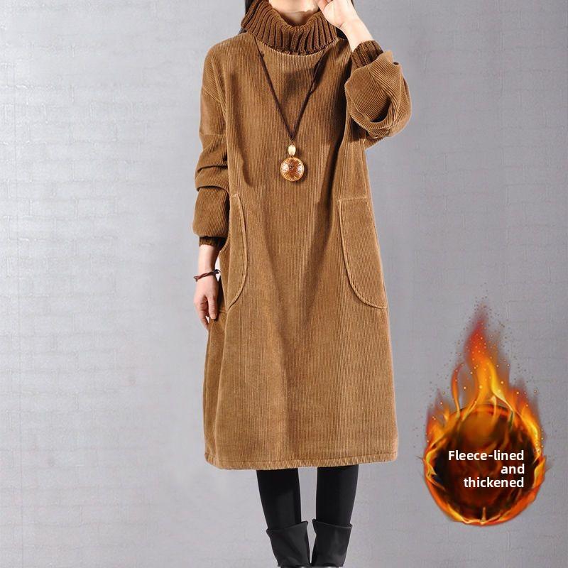 YYFS Moda Donna Autunno Inverno Colore Solido Stampa Manica Lunga Scollo Alto Vita Larga Abiti Casual