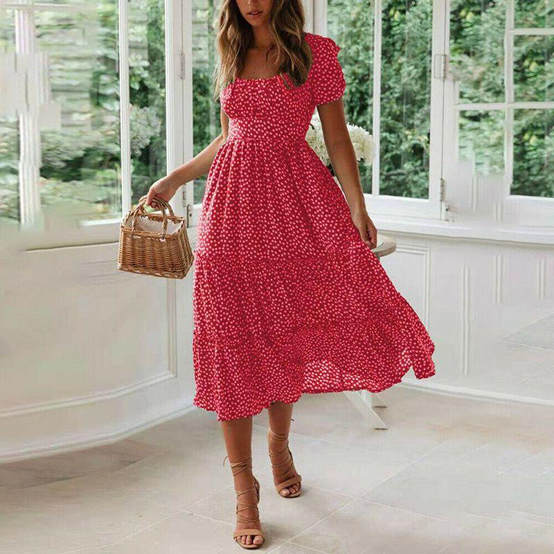 Elegant Women Polka Dot Boho Ruffle Maxi Beach Dress With Square Neckline