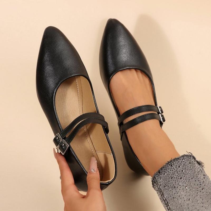 Fashion women's genuine leather double metal buckle slip-on Mary Jane ballet flats soft comfortable casual female shoes