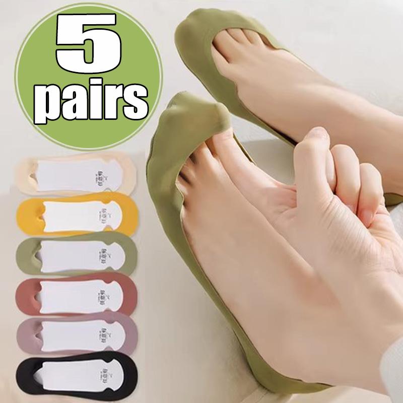 1/5pairs Fashion Women Solid Color Thin Boat Sock Summer Invisible Non Slip Absorbing Short Sock Breathable Soft Ice Silk Sock