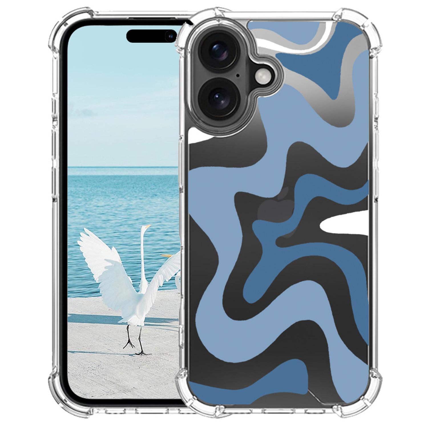 

For iPhone 16 Case Colorful Wave Pattern Printing Soft TPU+PC Phone Cover Blue/White