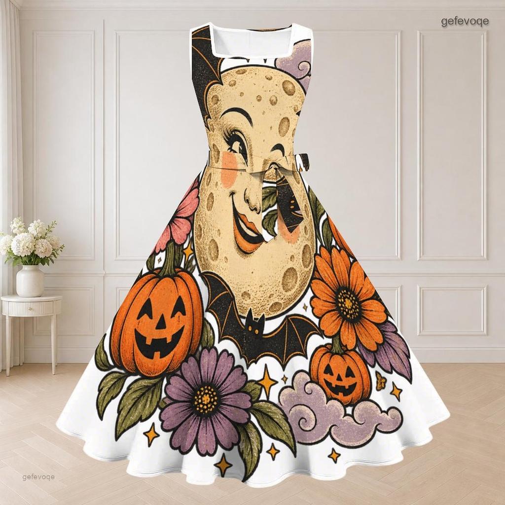 Women Plus Size Halloween Printed Two Piece Set Short Sleeve Cropped Shrug Sleeveless Square Neck Tie Waist Flared Dress