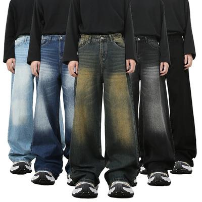 Jeans Rétro Américain en Denim pour Homme Lavés Amples Décontractés Droits Jambe Large Pantalons