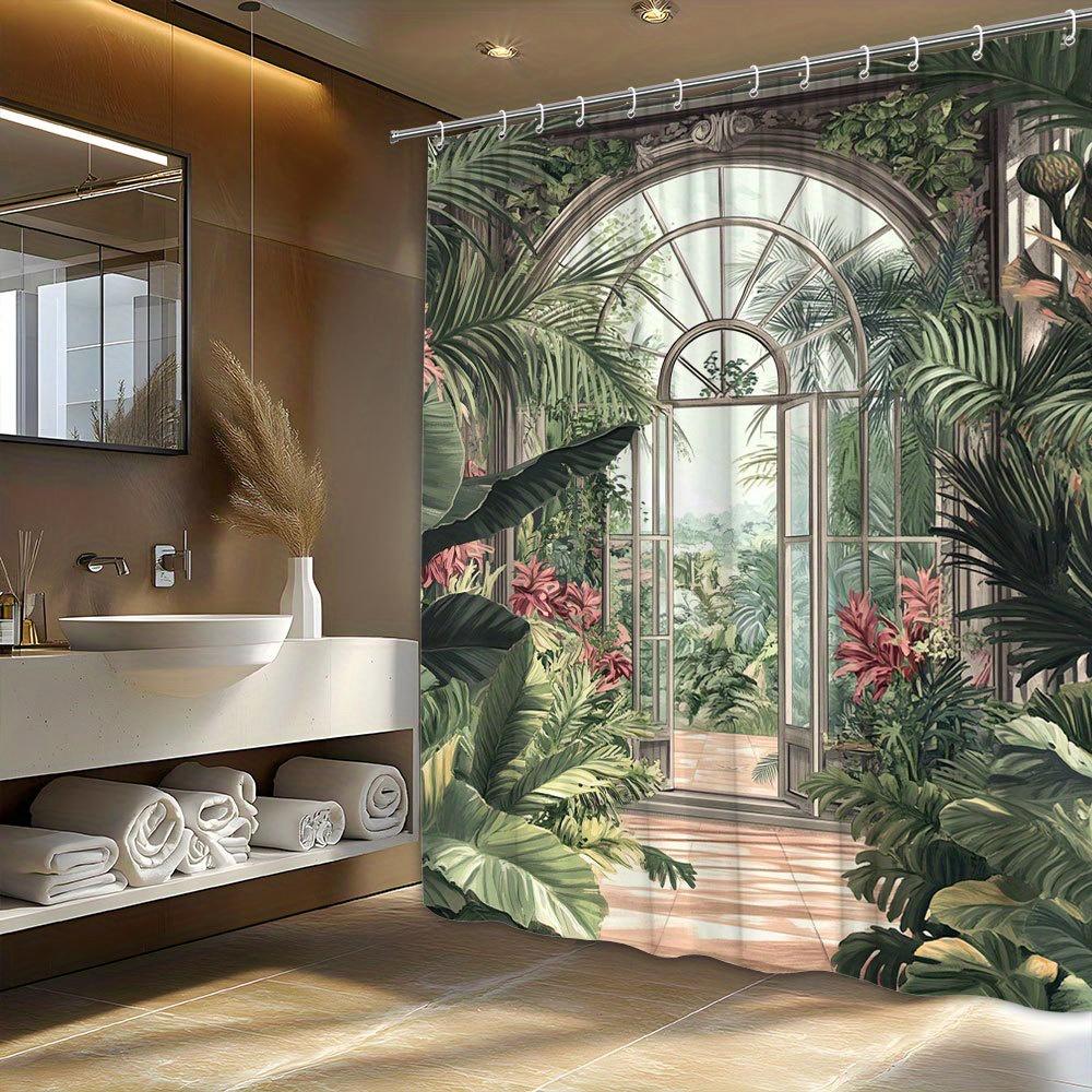 

1Pc Lush Tropical Greenhouse Shower Curtain - Arched Frames, Vibrant Greenery & Sunlit Design, Pink & Red Flowers, Polyester W60H190(CM)-1 Pcs