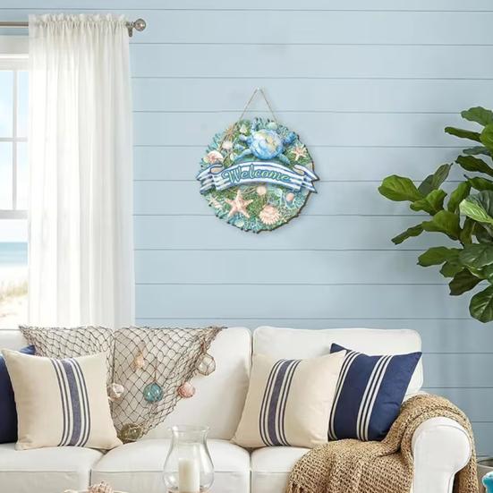 Welcome Summer Sign Shells Starfish Wall Hanging Wreath Farmhouse Coastal Beach Wooden Round Door Hanger for Front Door Porch Courtyard Decor