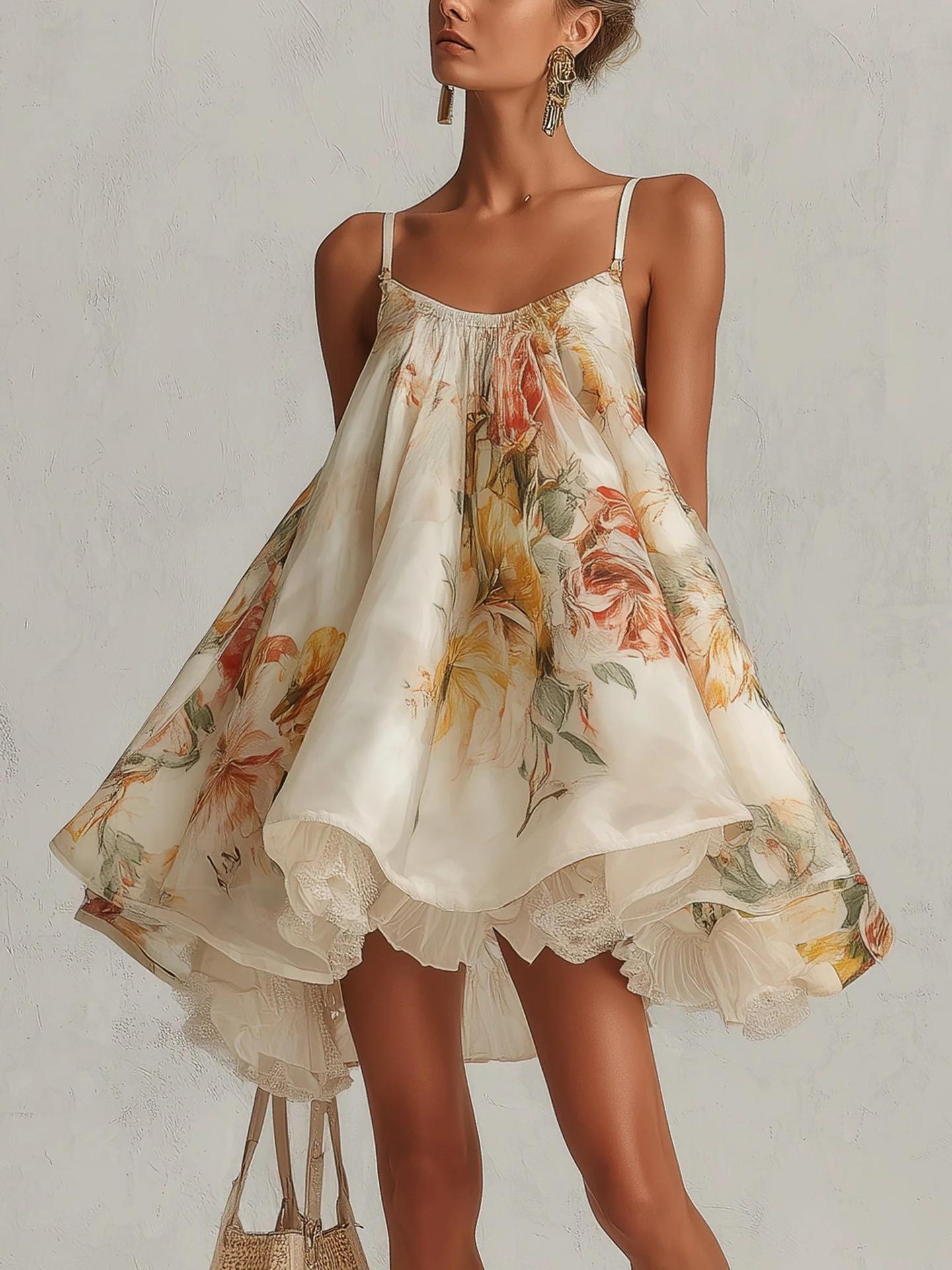 Women Floral Print Cami Dress Sleeveless Spaghetti Strap High Low Hem Lace Trim Casual Summer Mini Dress S