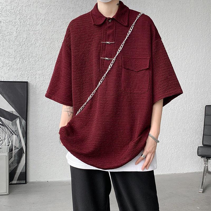 

Винтажные рубашки поло свободного кроя в китайском стиле, мужская одежда, базовый однотонный цвет, летние, с отложным воротником, стильные, на пуговицах, повседневные футболки XXXL бордовый