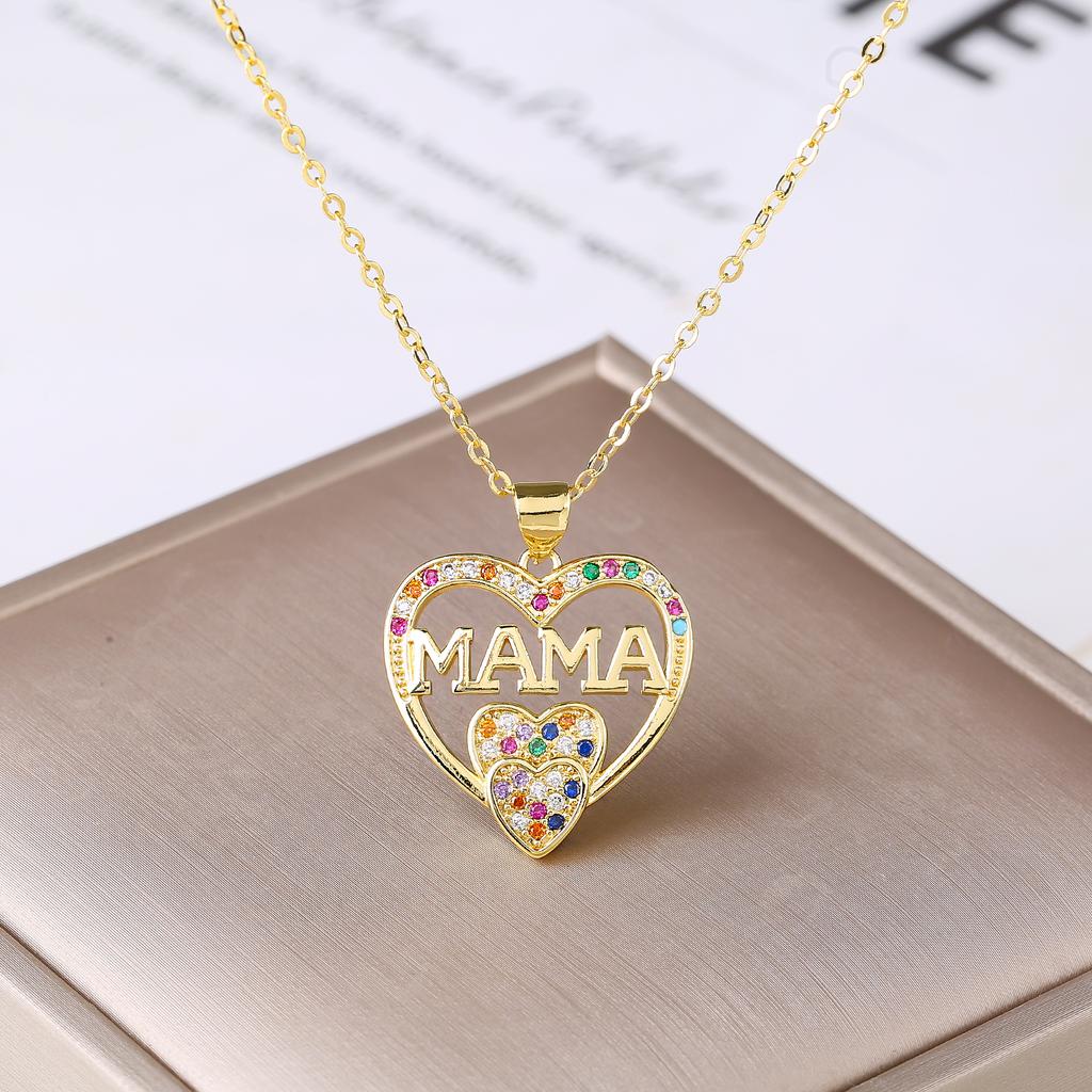 Gold-Plated Colored Zircon Heart Shape MAMA Pendant Necklace Fashion for Women Mom Party Birthday Jewelry Mother's Day Gift