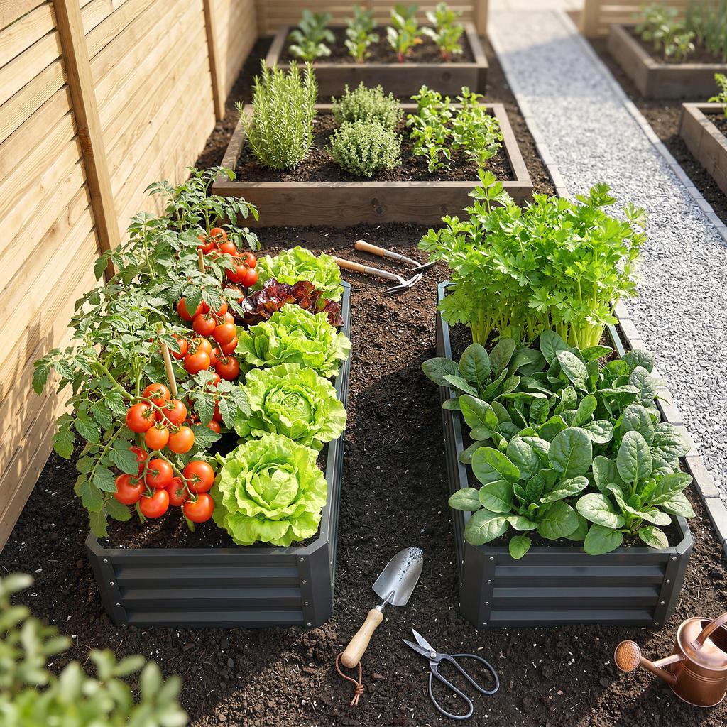 Set of 2 Raised Beds for Garden, Galvanised Outdoor Planters for Herbs Vegetables, Use for Patio Balcony, Grey