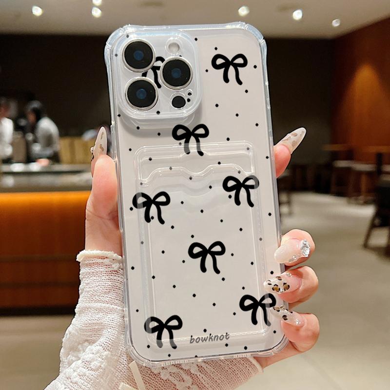 Colorful Bowknot Pattern Card Slot Phone Case for iPhone 16 Pro 15 14 13 12 Pro Max 11 Shockproof Transparent Soft Tpu Lens Protection Slim Cover