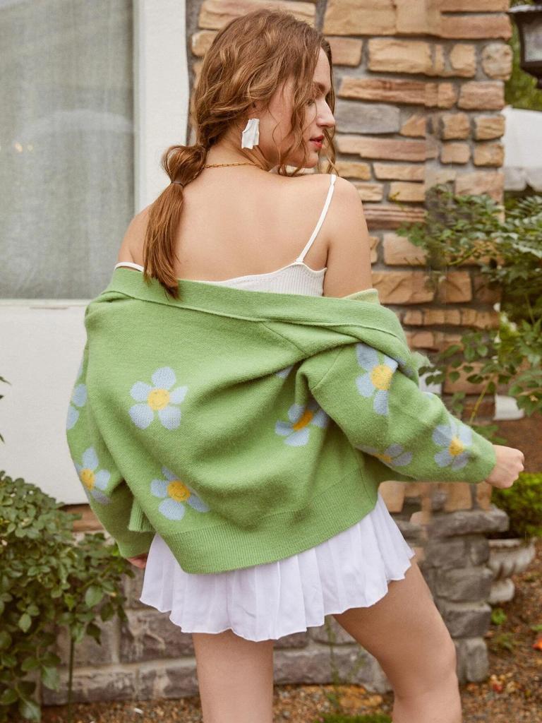 2022 Autumn/Winter Floral Knit V-Neck Cardigan Sweater for Women