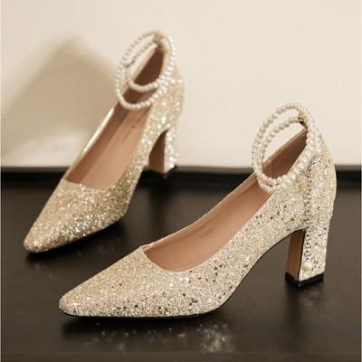 High Heels Women's Summer New Pearl One-word with High Heel Pumps Women's Thick Heels Light Mouth Sequined Cloth Wedding Shoes