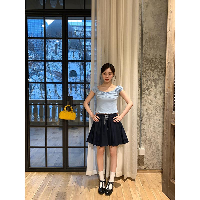 Interpret Beauty Summer 2025 Preppy Pleated A-line Midi Skirt with Drawstring Waist (S5108)