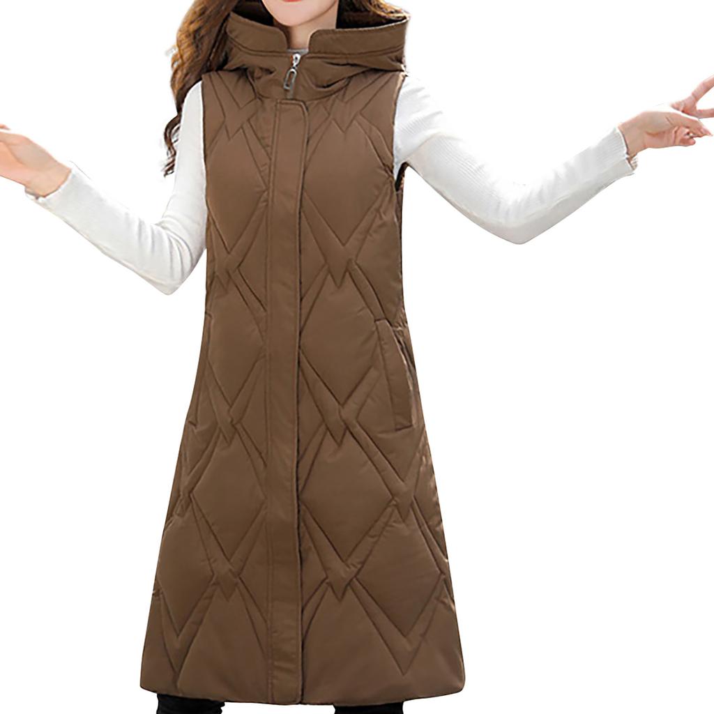 Womens Ladies Warm Plus Size Solid Color Hooded Single Breasted Medium Length Cotton Jacket Waistcoat Slim Cardigan Coat