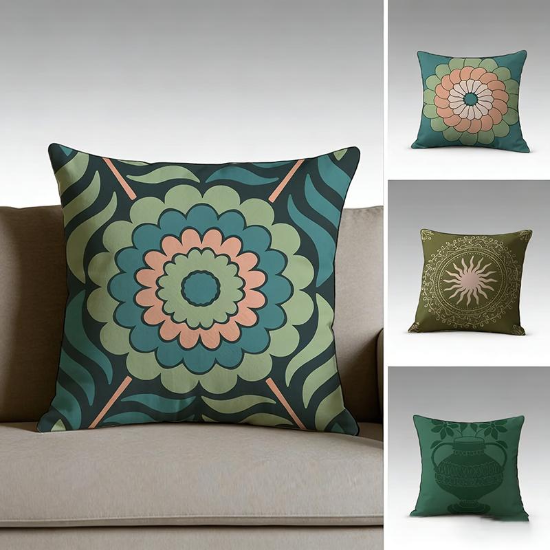 Boho Green Floral Mandala Cushion Cover Peach Skin Retro Sun Throw Pillow Case For Living Room Sofa Bed Couch Home Decor Indoors