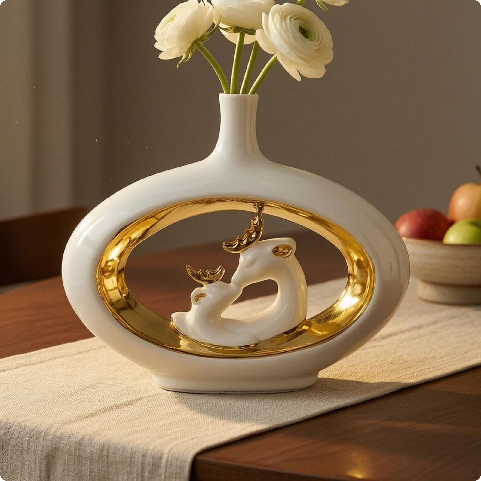 ceramic Deer Vase Narrow Opening Golden Highlight Ornament for Floral Display White 11029