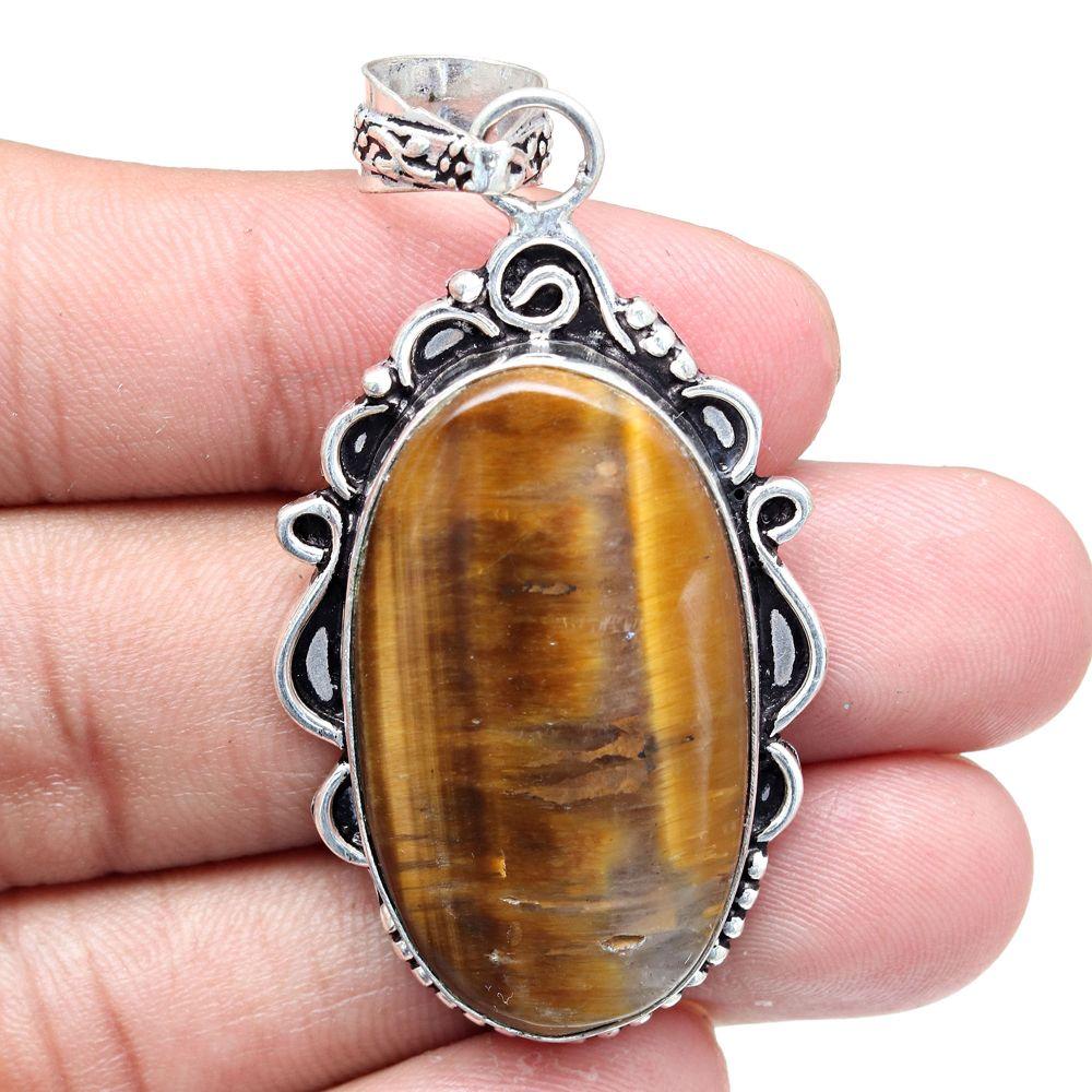 Pendant Tiger's Eye Gemstone Handmade Mother'Day Silver Jewelry 2.25"