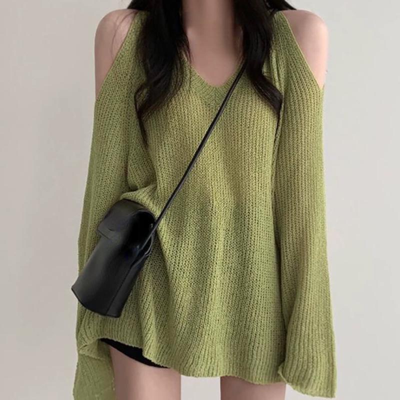 Women Hollow Out V-Neck Off Shoulder Sweater Loose Long Sleeve Knit Thin Jumpers Streetwear Tops For Women 2026 Fall Winter