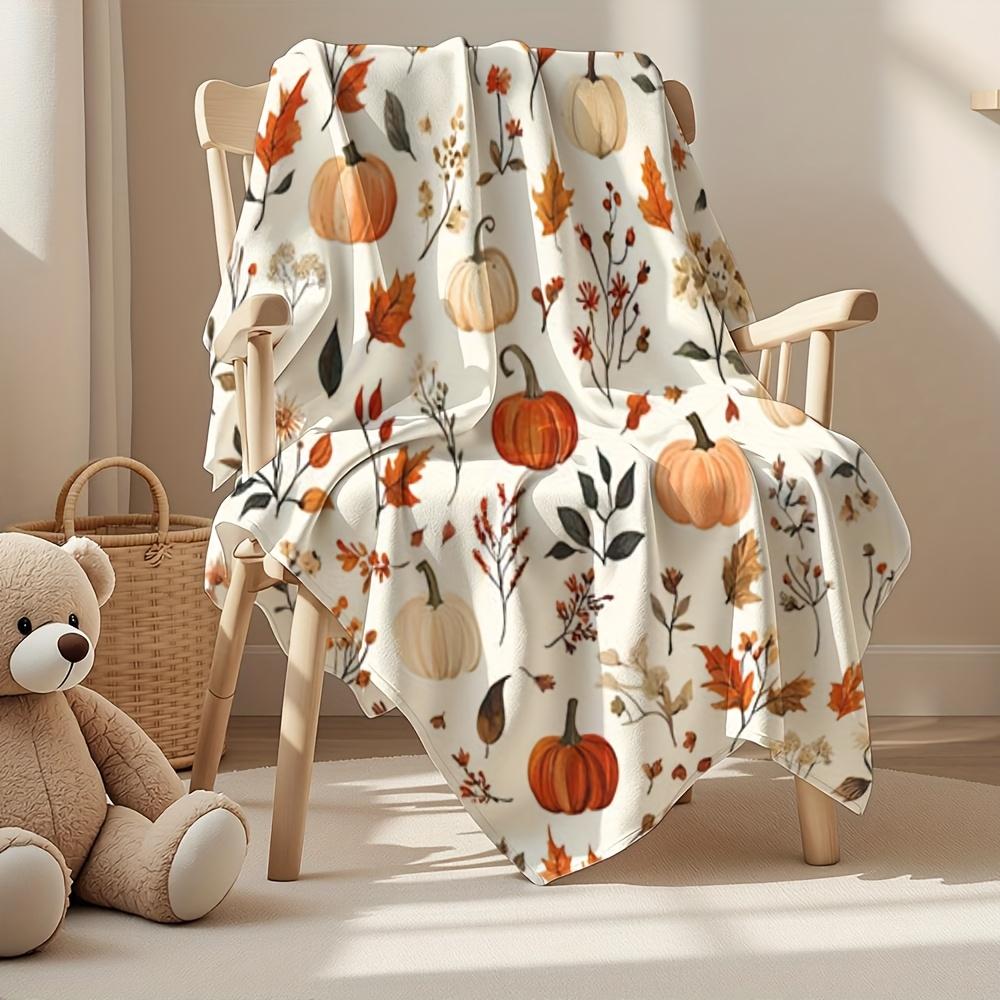 1 Pc Four Season Flannel Blanket Soft Beige Pumpkin Autumn Leaf Prints Light Sofa Bed Decor Holiday Gift Machine Washable Retro