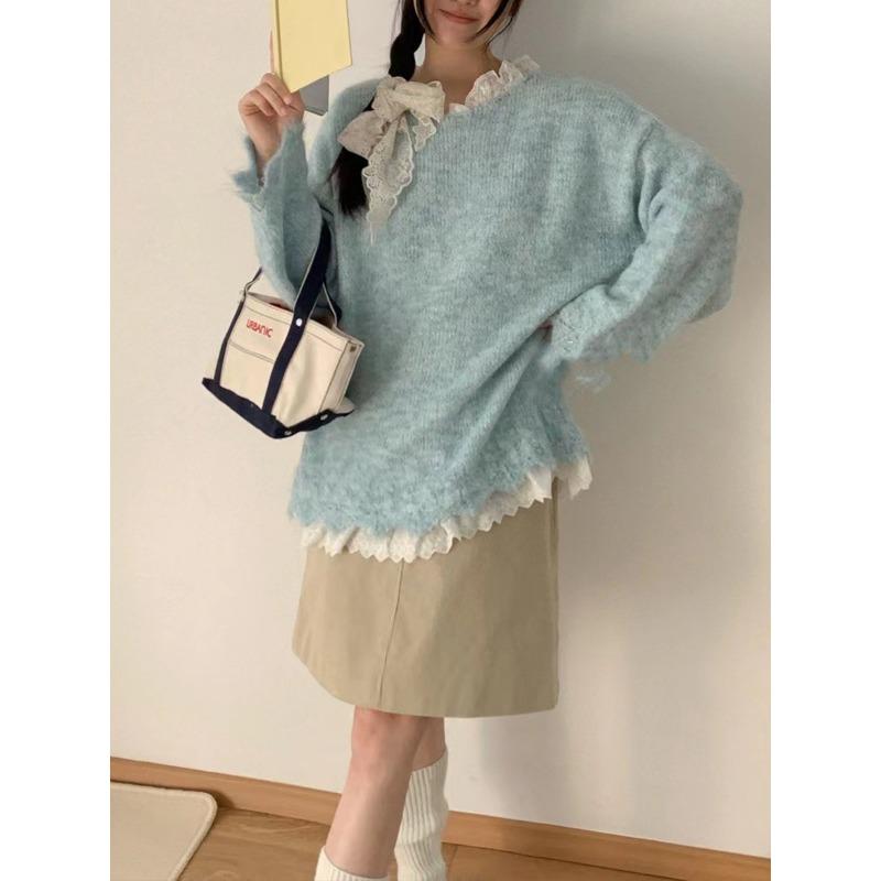 Spring new lace splicing knitted sweater top loose soft waxy lazy wind sweet sweater pullover woman